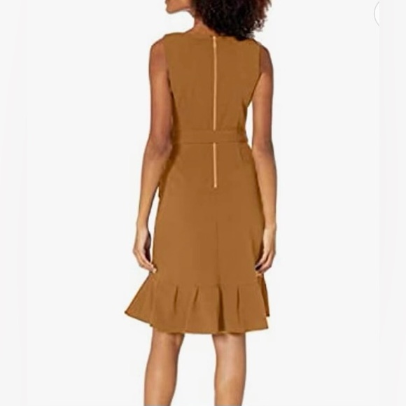 Calvin Klein women’s sleeveless belted dress with ruffled skirt hem ( tan ) # 4 - Picture 2 of 5